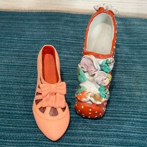 Vintage Mini 1950s And 1960s Japan Porcelain Polka Dot And Peach Shoes